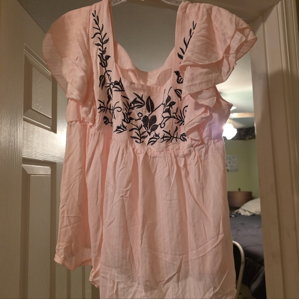 Pink Embroidered Ruffle Sleeve Top